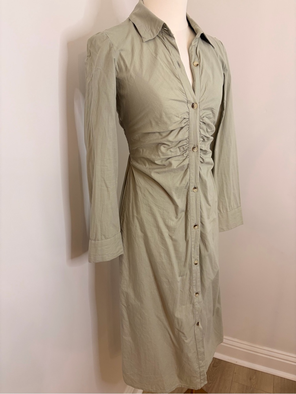 Sim & Sam Rouched Long Sleeved Button Down Dress In Sage Size Xs